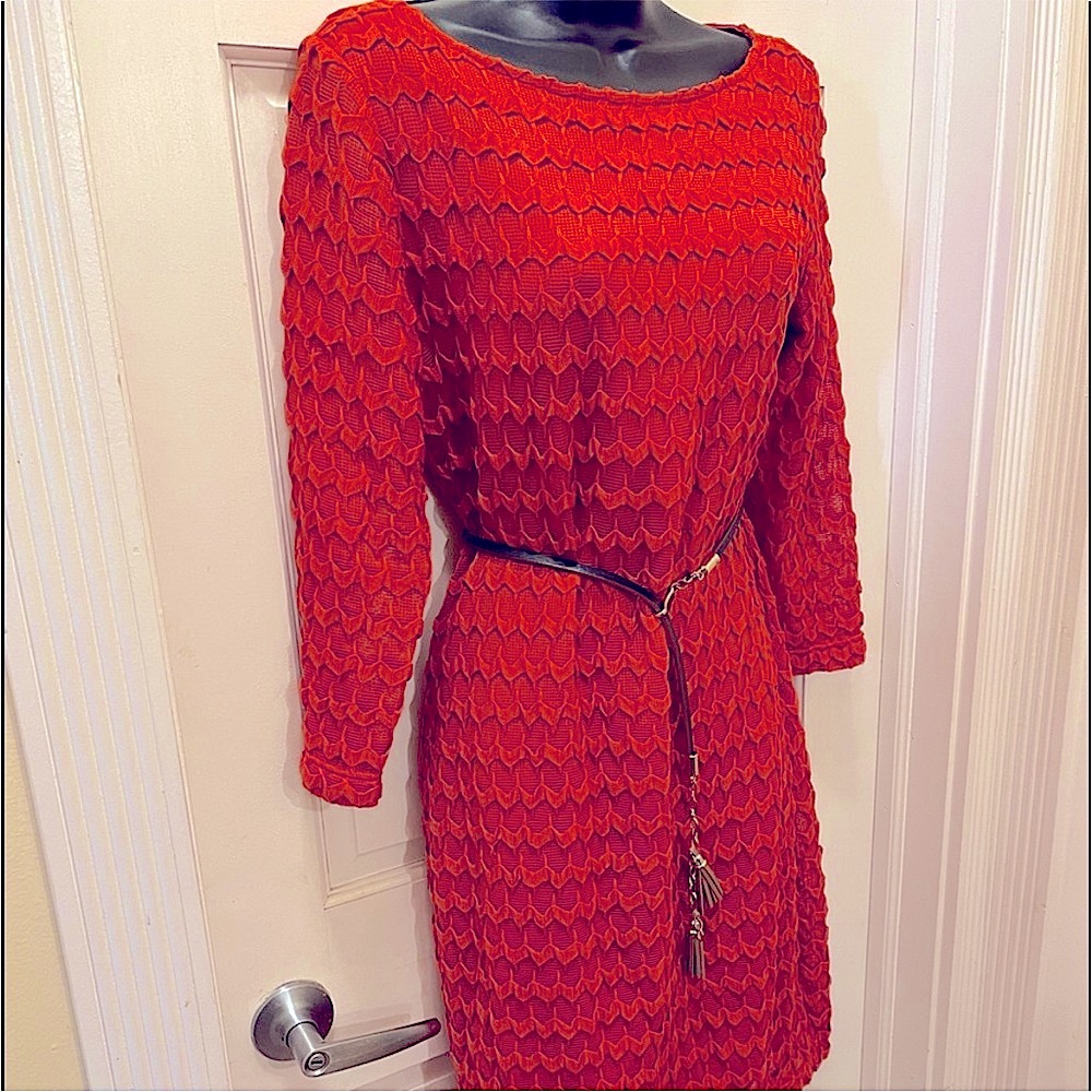 2/$30 Sharagano sun-dried tomato red dress 8 long sleeves crochet tea length